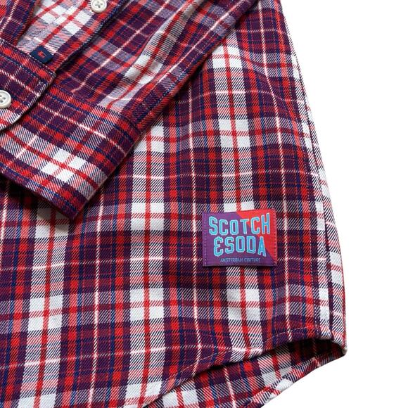Scotch & Soda Red Purple Plaid Flannel Button Down Shirt Regular Fit Men’s XL - Picture 6 of 8
